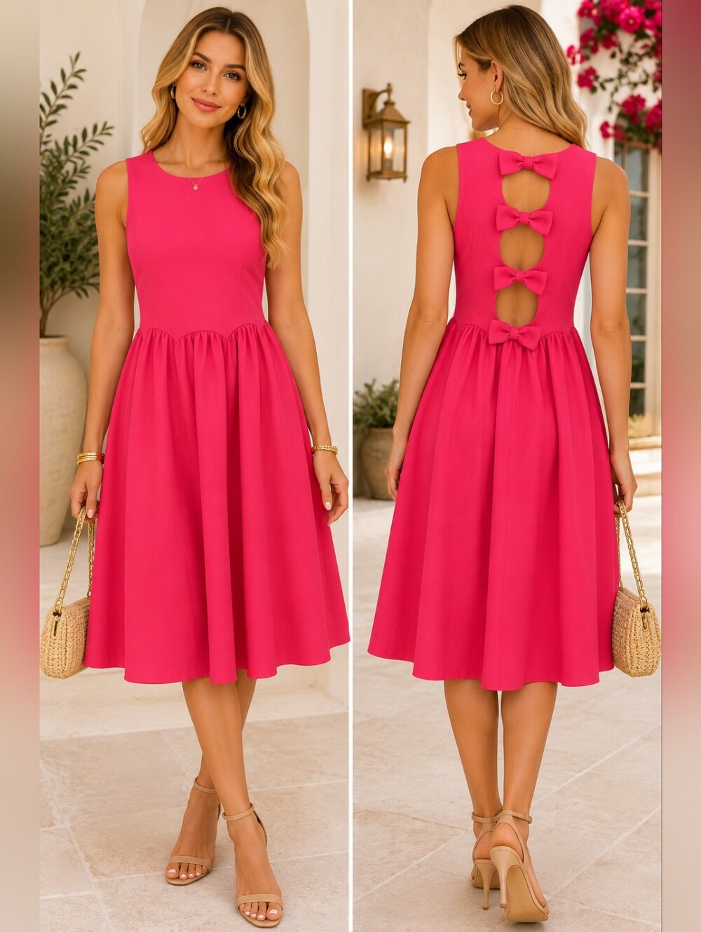 Anthropologie Maeve Bow-Back Cutout Midi Dress Fuchsia Pink XS NWT Feminine